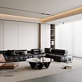Modern Living Room Interior With Black Leather Sofa Brown Armchair Coffee Table And Large Windows