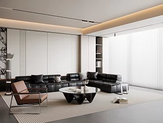 Modern Living Room Sofa Coffee Table Combination Leather Sofa Multi-person Sofa Single Casual Chair Round Coffee Table Floor Lamp Book Dream Curtain Jewelry Ornaments 3d model