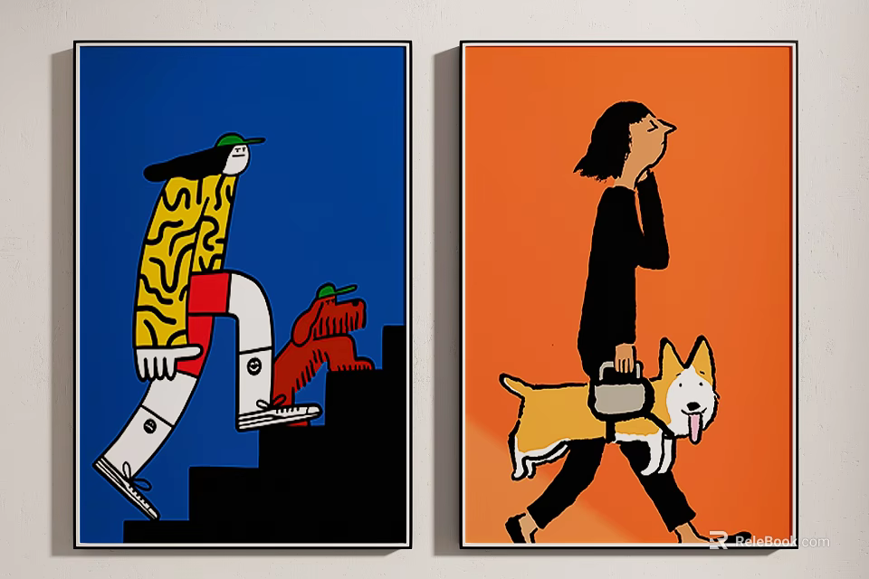 Two Colorful Art Paintings With Blue Orange Backgrounds Figures And Corgi Dog 3d model 