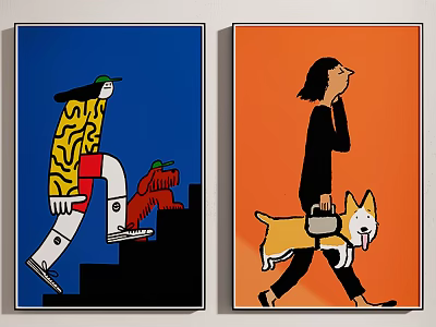 Two Colorful Art Paintings With Blue Orange Backgrounds Figures And Corgi Dog 3d model