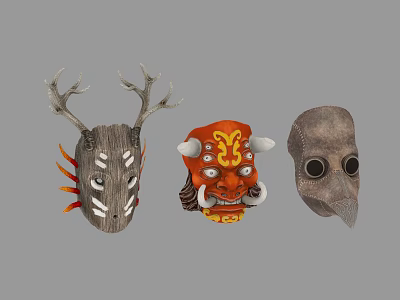 Three Unique Masks With Antler Wooden Red Ox Horn And Gray Long Nose Designs 3d model