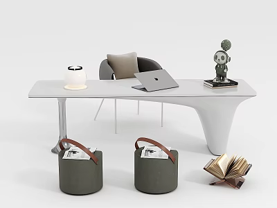White Desk Setup With Laptop Lamp Green Sculpture Gray Chair Storage Baskets And Open Book 3d model