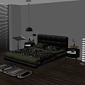 Double Bed With Black Leather Headboard Zebra Print Green Bedding Bedside Tables And Wooden Floor