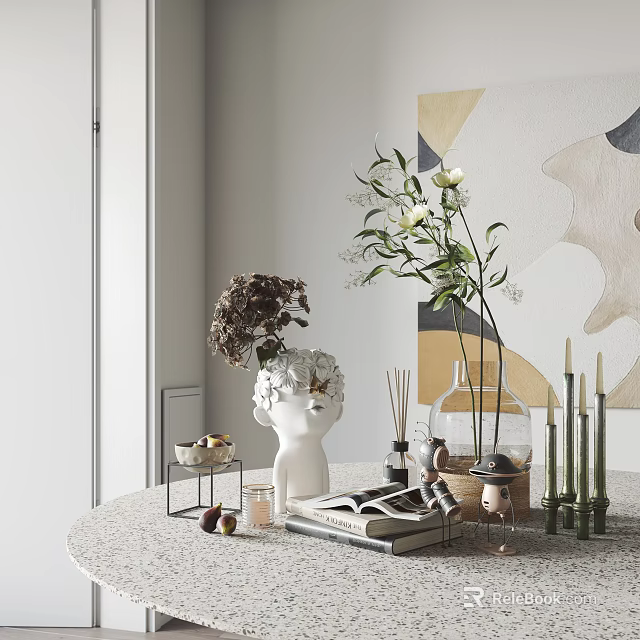 Elegant Decorative Ornament Combination With Vase Candles Books Sculpture And Green Plants On Table 3d model 