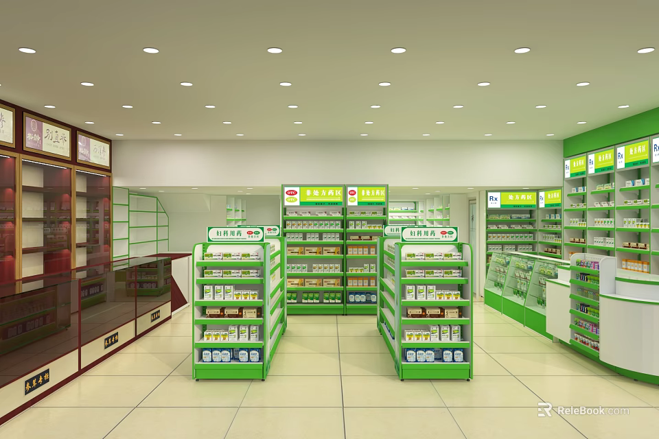 Retail Store In Mall With Green Shelves Health Products And Bright Lighting 3d model 