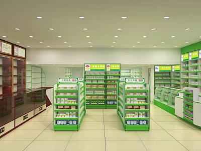 Retail Store In Mall With Green Shelves Health Products And Bright Lighting 3d model