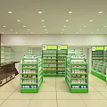 Retail Store In Mall With Green Shelves Health Products And Bright Lighting