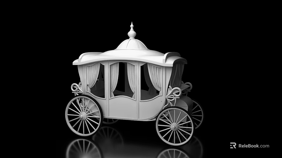 White Classic Carriage With Ornate Design Decorative Spire Top Curtained Windows And Spoked Wheels 3d model 