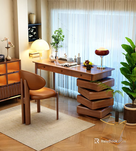 Modern Home Office Interior With Wooden Desk Leather Chair And Green Plants 3d model 