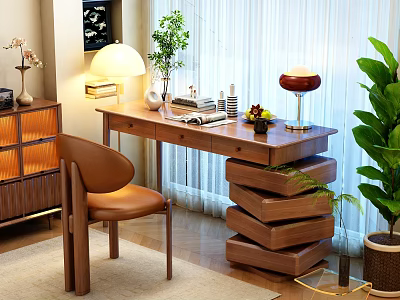 Modern Home Office Interior With Wooden Desk Leather Chair And Green Plants 3d model