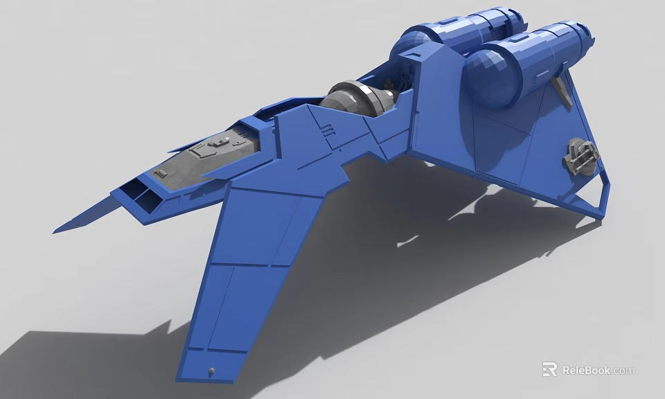 Blue Sci Fi Aircraft Model With Cylindrical Engines Triangular Wings And Mechanical Structure 3d model