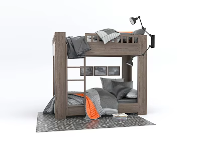 Wooden Bunk Bed With Gray Bedding Orange Blanket And Wall Mounted Lamp 3d model