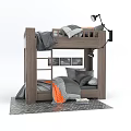 Wooden Bunk Bed With Gray Bedding Orange Blanket And Wall Mounted Lamp