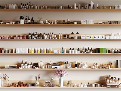 Well Arranged Display Shelves with Various Bottles Jars Boxes and Decorative Items 3d model