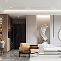 Modern Living And Dining Room Interior With White Sofa Round Decor Green Plants And Bookshelves