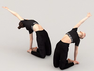 Women doing yoga in black sportswear kneeling on floor stretching arms upward and bending bodies 3d model