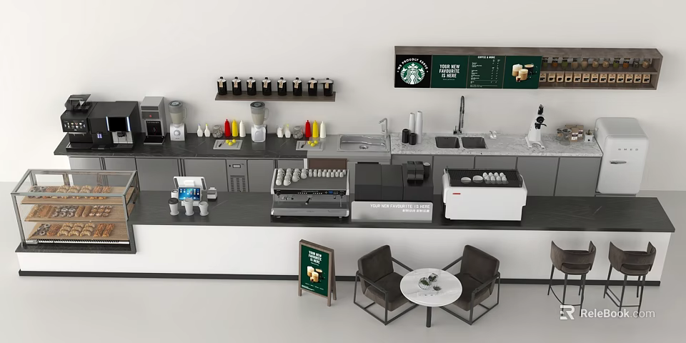 Functional Coffee Shop Table With Coffee Machines And Beverage Preparation Workstation 3d model