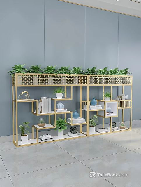 Golden Multi Tiered Lattice Flower Stand With Green Plants And Decorative Items 3d model 