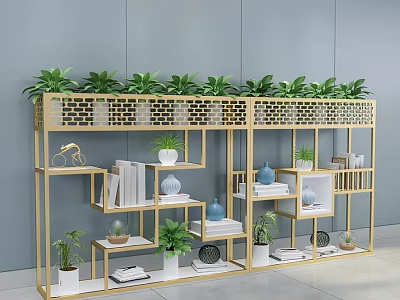 Golden Multi Tiered Lattice Flower Stand With Green Plants And Decorative Items 3d model