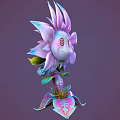 Cartoon Flower Creature with Pink Purple Petals Spiral Red Eyes Green Stem and Colorful Leaves