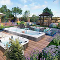 Serene Garden Landscape With Swimming Pool Pond Lotus Pavilion And Lounge Chairs
