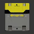 Industrial Yellow And Gray Container With Warning Label Stackable Design And Worn Surface