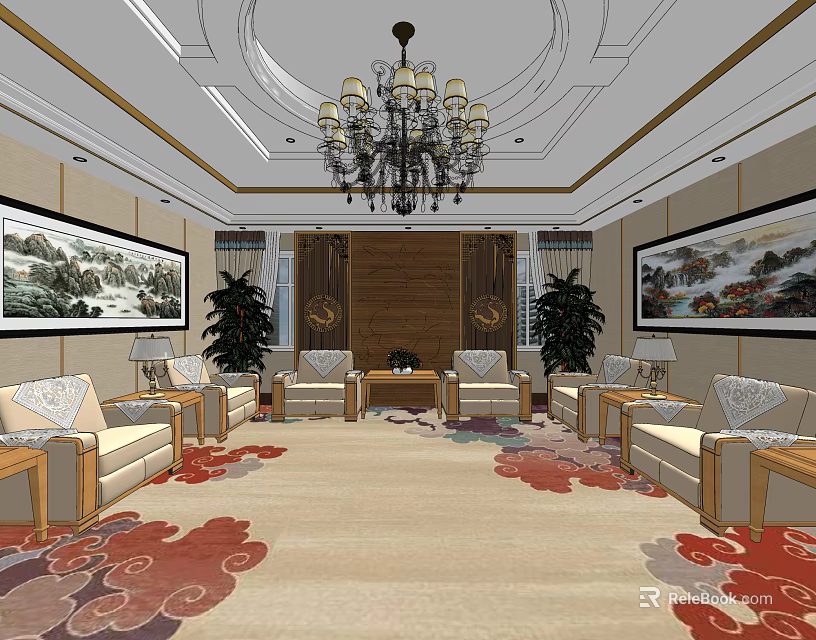 Hotel Public Lounge Area With Comfortable Sofas Chandelier And Decorative Paintings 3d model 