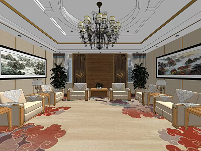 Hotel Public Lounge Area With Comfortable Sofas Chandelier And Decorative Paintings 3d model