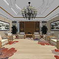 Hotel Public Lounge Area With Comfortable Sofas Chandelier And Decorative Paintings
