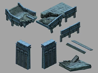 Cartoon Style Scene With Broken Stone Steps Platforms Walls And Slabs 3d model