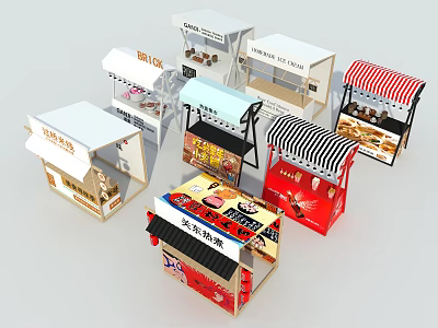 Diverse Street Food Kiosks With Colorful Awnings And Unique Designs 3d model