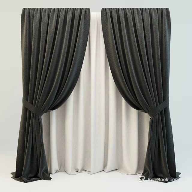 Dark Curtains With Tied Design And White Sheer Panels For Window Decoration 3d model 