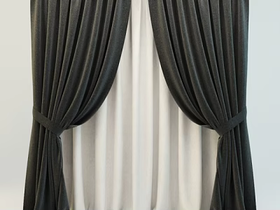 Dark Curtains With Tied Design And White Sheer Panels For Window Decoration 3d model