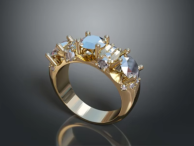 Elegant Golden Ring With Shiny Gemstones And Exquisite Metal Band Design For Daily Use 3d model