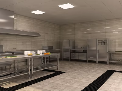 Spacious Commercial Kitchen Interior With Stainless Steel Worktables Refrigerators And Tiled Walls 3d model