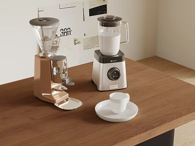 Stylish Copper Coffee Grinder And White Blender Kitchen Appliances On Wooden Tabletop With Cup 3d model