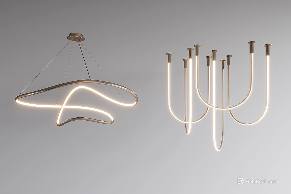 Modern LED Chandelier With Curved Sleek Design And Contemporary Lighting Fixture 3d model 