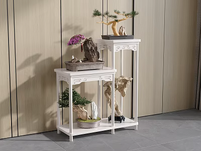 White Decorative Cabinets with Potted Plants Stone Ornaments against Wooden Wall and Gray Floor 3d model