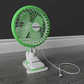 Three Green And White Tabletop Air Conditioner Fans With Stands On Wooden Floor