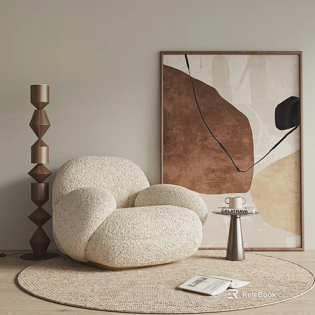 Beige Fluffy Single Sofa Interior Design With Abstract Wall Art Geometric Lamp And Side Table 3d model 
