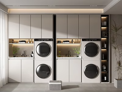 Modern White Bathroom Cabinet Rack With Storage Shelves LED Lighting And Plants 3d model