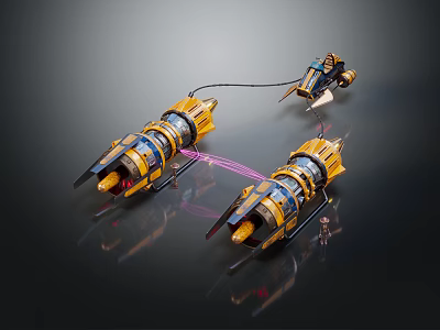 Futuristic Yellow Blue Mechanical Vehicle With Cylindrical Parts And Connecting Cables 3d model