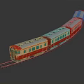 Red And Yellow Toy Train Model With Green Window Carriages On Track And Reflective Surface