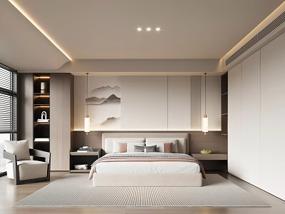 Modern Bedroom Interior With Headboard Wall Mountain Decor Bed Nightstands Recessed Lights And Area Rug 3d model