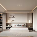 Modern Bedroom Interior With Headboard Wall Mountain Decor Bed Nightstands Recessed Lights And Area Rug