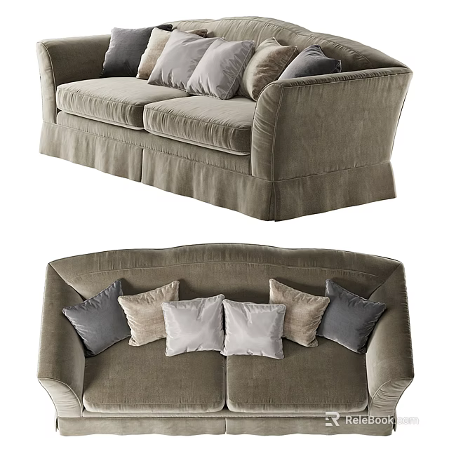 Plush Fabric Double Sofa With Comfortable Design And Multiple Gray And Beige Pillows 3d model