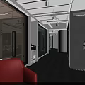 Modern Public Office Space With Red Padded Wall And Gray Carpet Reception Desk