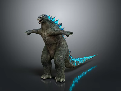 Giant Reptilian Monster With Blue Spikes Arms Outstretched On Reflective Floor 3d model