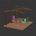 Red Pergola Outdoor Dining Area with Table Four Chairs and Wooden Deck