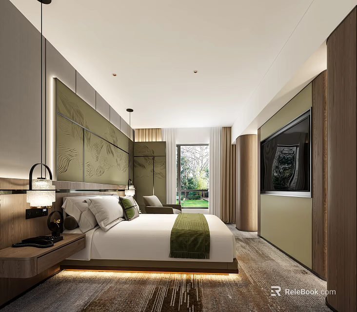 Elegant Modern Hotel Room Interior With Plush Bed Large Window And Warm Lighting 3d model